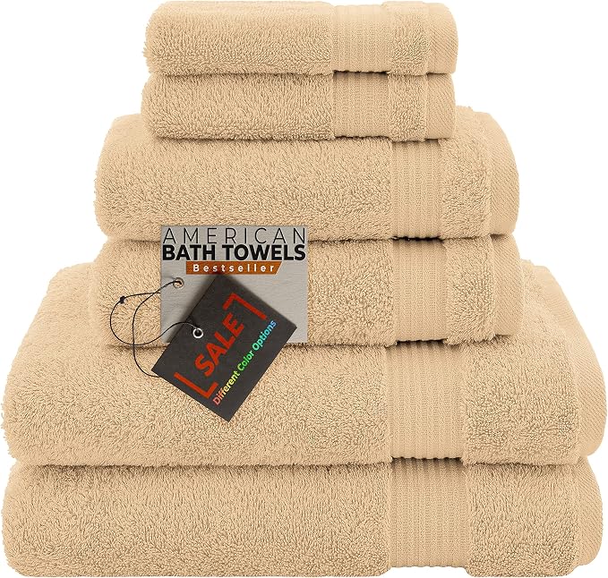 American Bath Towels 100% Cotton 6 Piece Turkish Towel Set, Ultra Soft Absorbent Bathroom Towels, 2 Bath Towel 2 Hand Towels 2 Washcloths, Beige