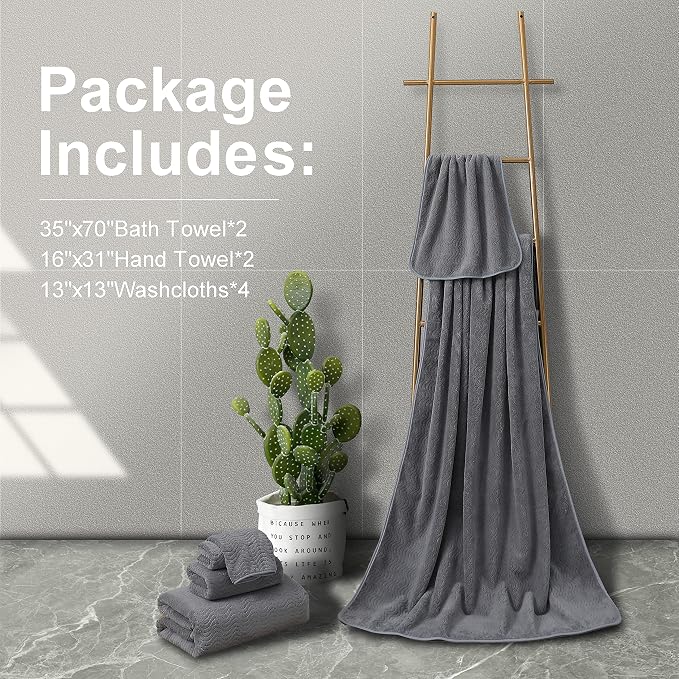 Smuge Ultra Soft 8 Piece Textured Bath Towel Set for Bathroom Shower Pool, Kitchen, Quick Dry, Lightweight Highly Absorbent - 2 Oversized Bath Towel Sheets, 2 Hand Towels, 4 Washcloths - Dark Gray