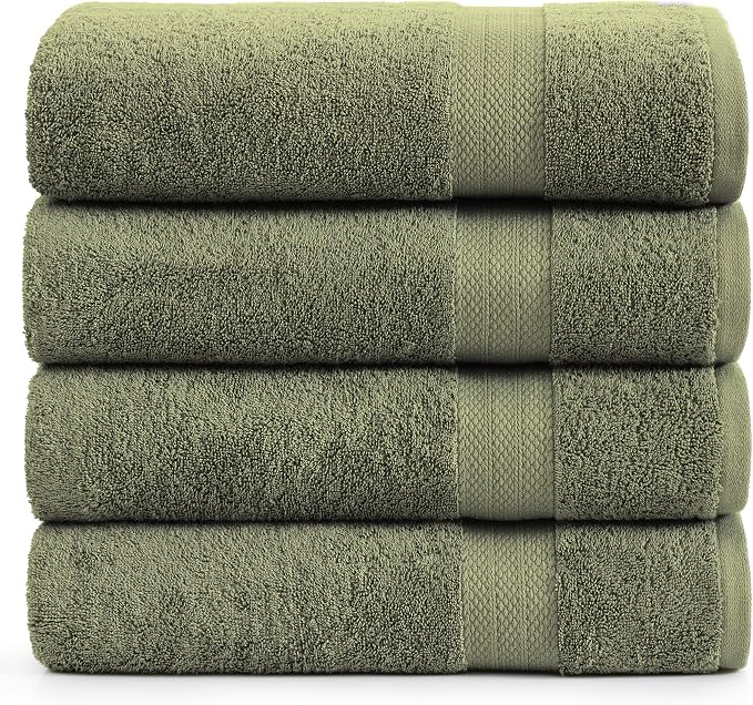 LANE LINEN 100% Mercerized Cotton Bath Sheet Set of 4 (35"x66") - Quick Drying, Ultra Soft & Durable Extra Large Towel Sets - Fade Resistant, Highly Absorbent - Oversized Daily Use Towels - Oil Green