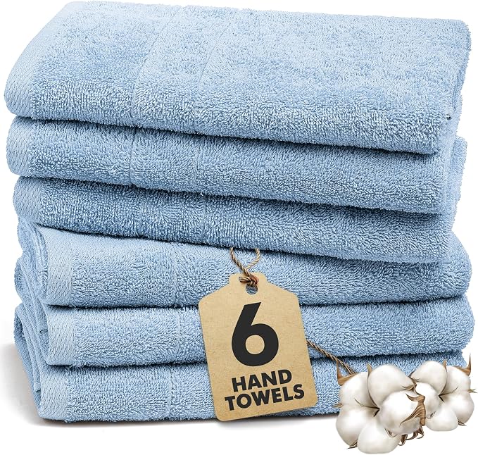 100% Ring Spun Cotton Hand Towels for Bathroom – 550 GSM Soft & Absorbent Towel Set– Pack of 6 Small Towel (34x20in) – Quick Dry Luxury Cotton Hand Towels – Sky Blue