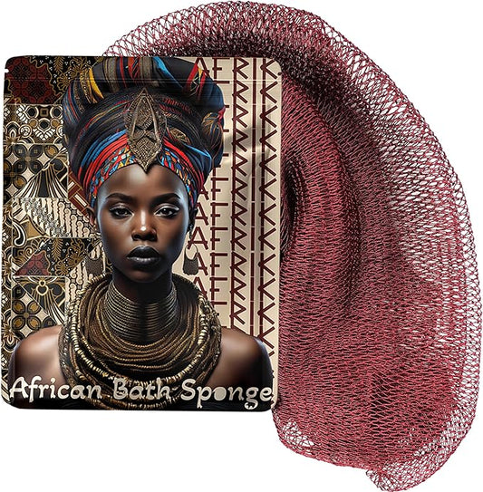 African Net Sponge, Premium Authentic Exfoliating Body Scrubber, Extra Long Stretch Bath Sponge for Shower, Deep Exfoliating Washcloth for Smooth Skin, 1 Pack (Burgundy)