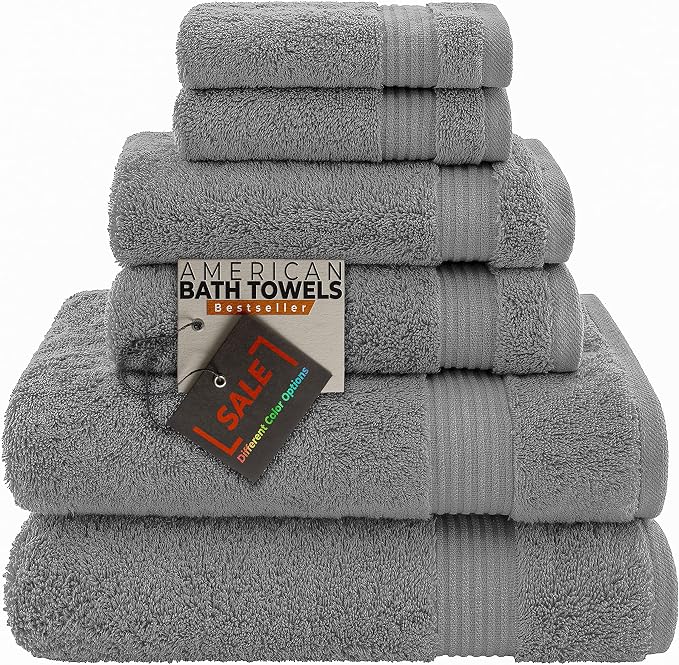 American Bath Towels 100% Cotton 6 Piece Turkish Towel Set, Ultra Soft Absorbent Bathroom Towels, 2 Bath Towel 2 Hand Towels 2 Washcloths, Dark Gray