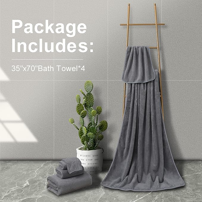 Smuge Ultra Soft Bath Towel Set of 4, Grey Extra Large Textured Microfiber Luxury Towels 35x70 in, Quick Dry, Highly Absorbent, Fluffy, Oversized, for Bathroom Shower Pool Hotel Beach